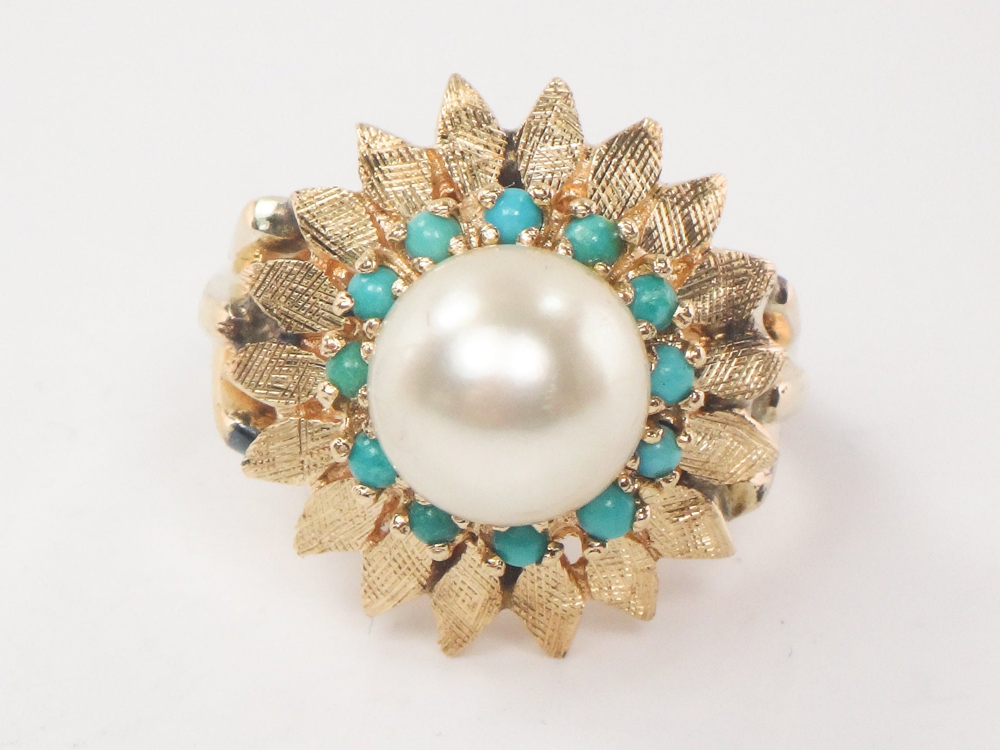 Vintage 14k Yellow Gold Saltwater Cultured Pearl and Turquoise Ring, Floral White Pearl Ring