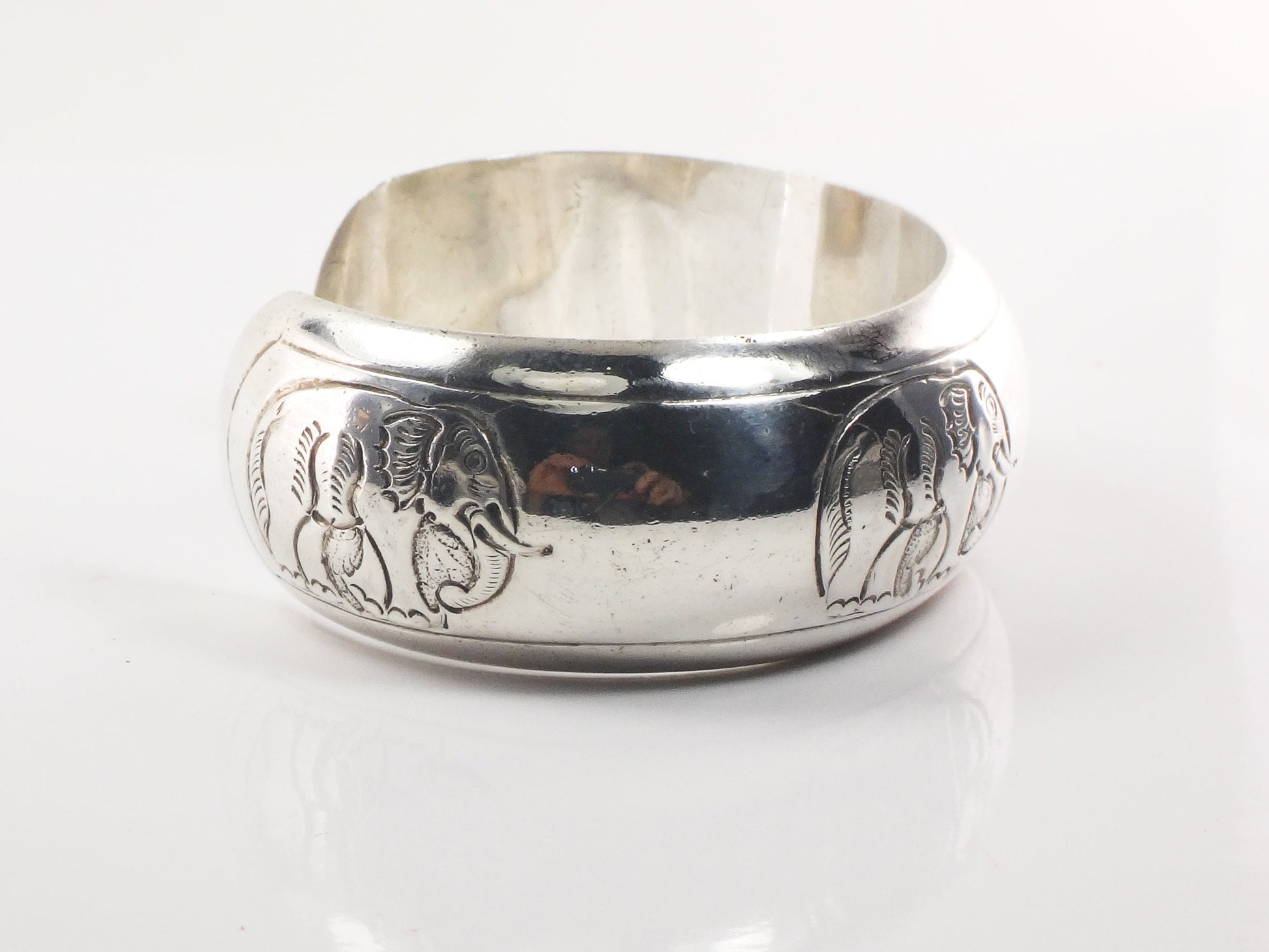 Vintage Sterling Silver Elephant Cuff Bracelet 925 Good Luck Bracelet