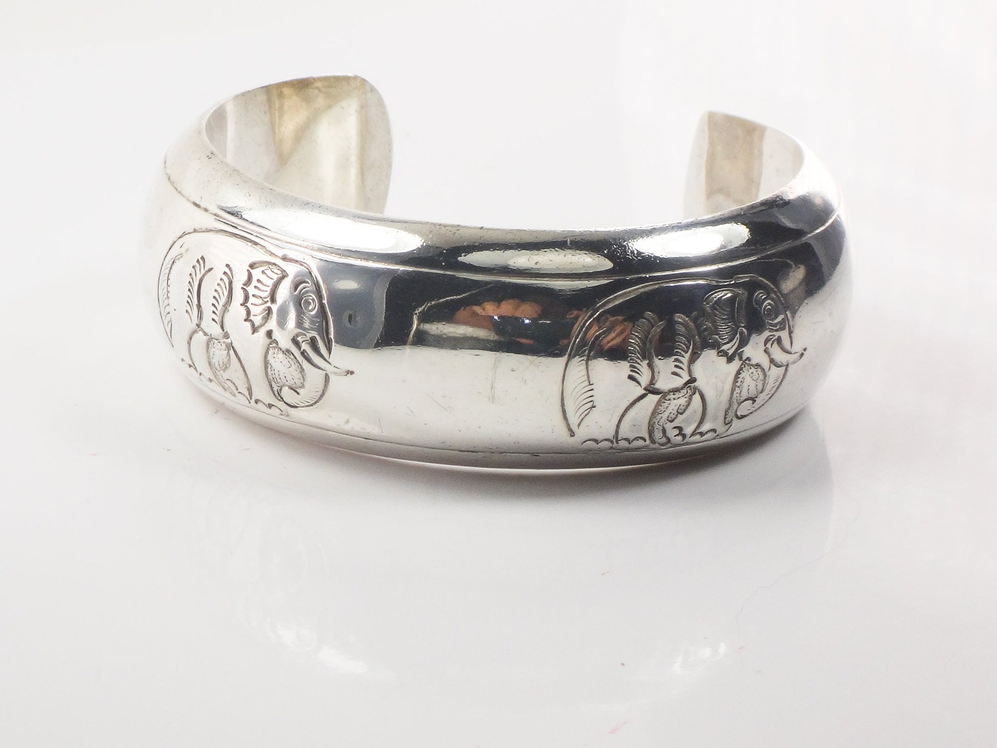 Vintage Sterling Silver Elephant Cuff Bracelet 925 Good Luck Bracelet