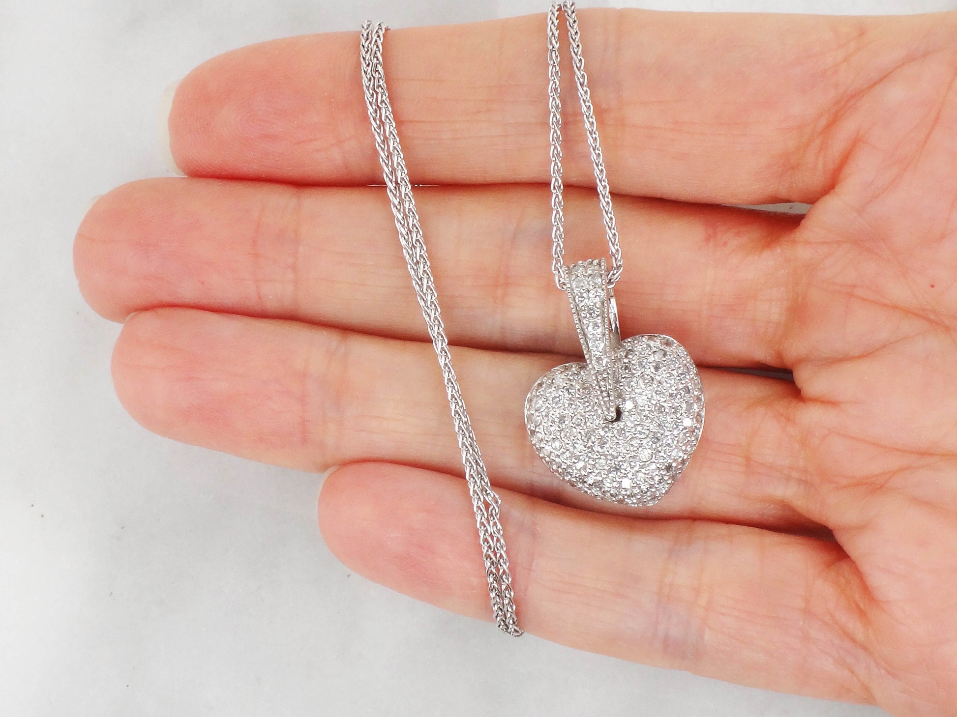 Vintage Sonia B Diamond Heart Pendant Necklace, 14k White Gold, 2 CT TDW