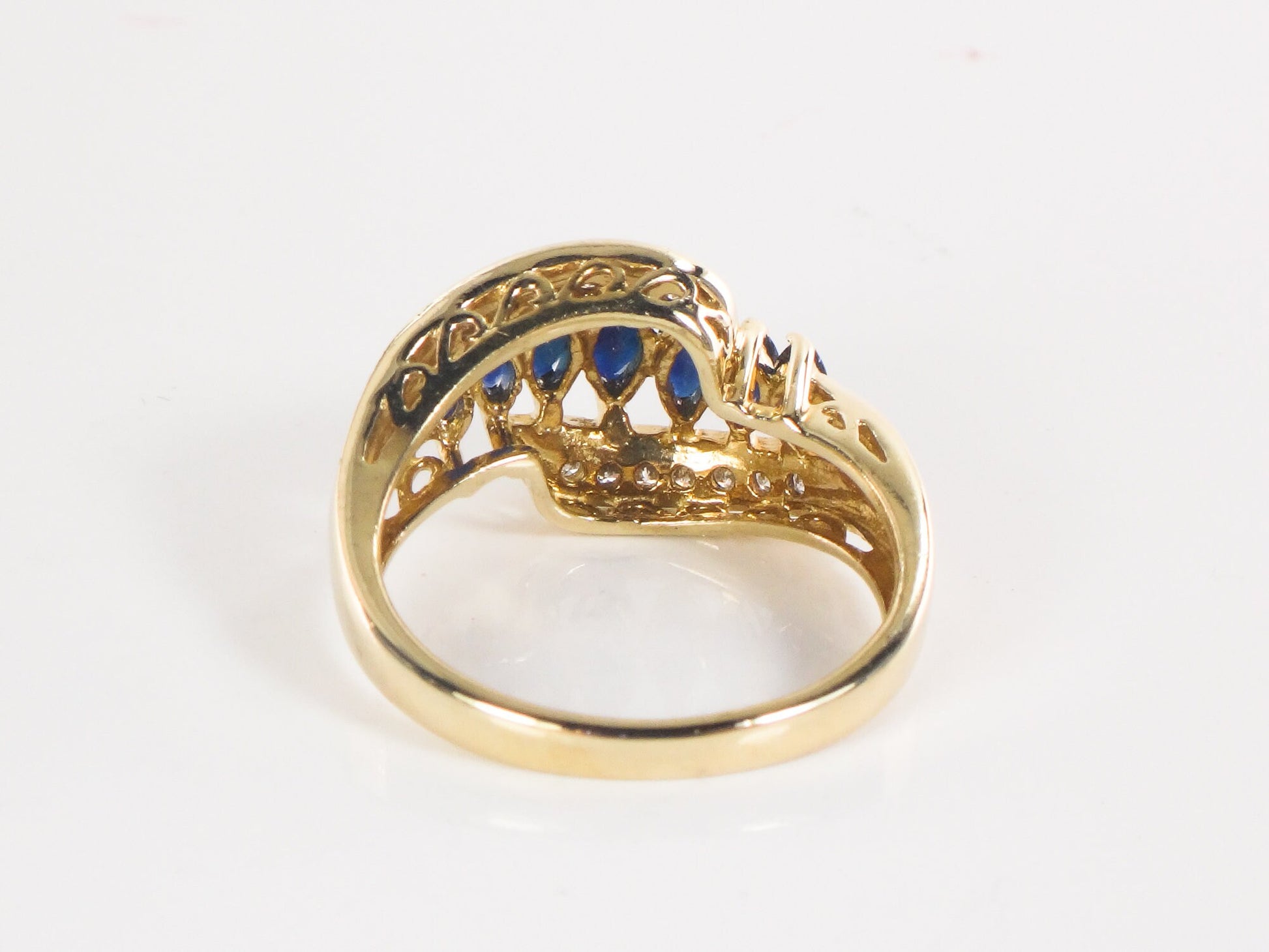 Vintage 14k Yellow Gold Natural Blue Sapphire & Diamond Ring Marquise Cut September Birthstone Ring Size 6.75