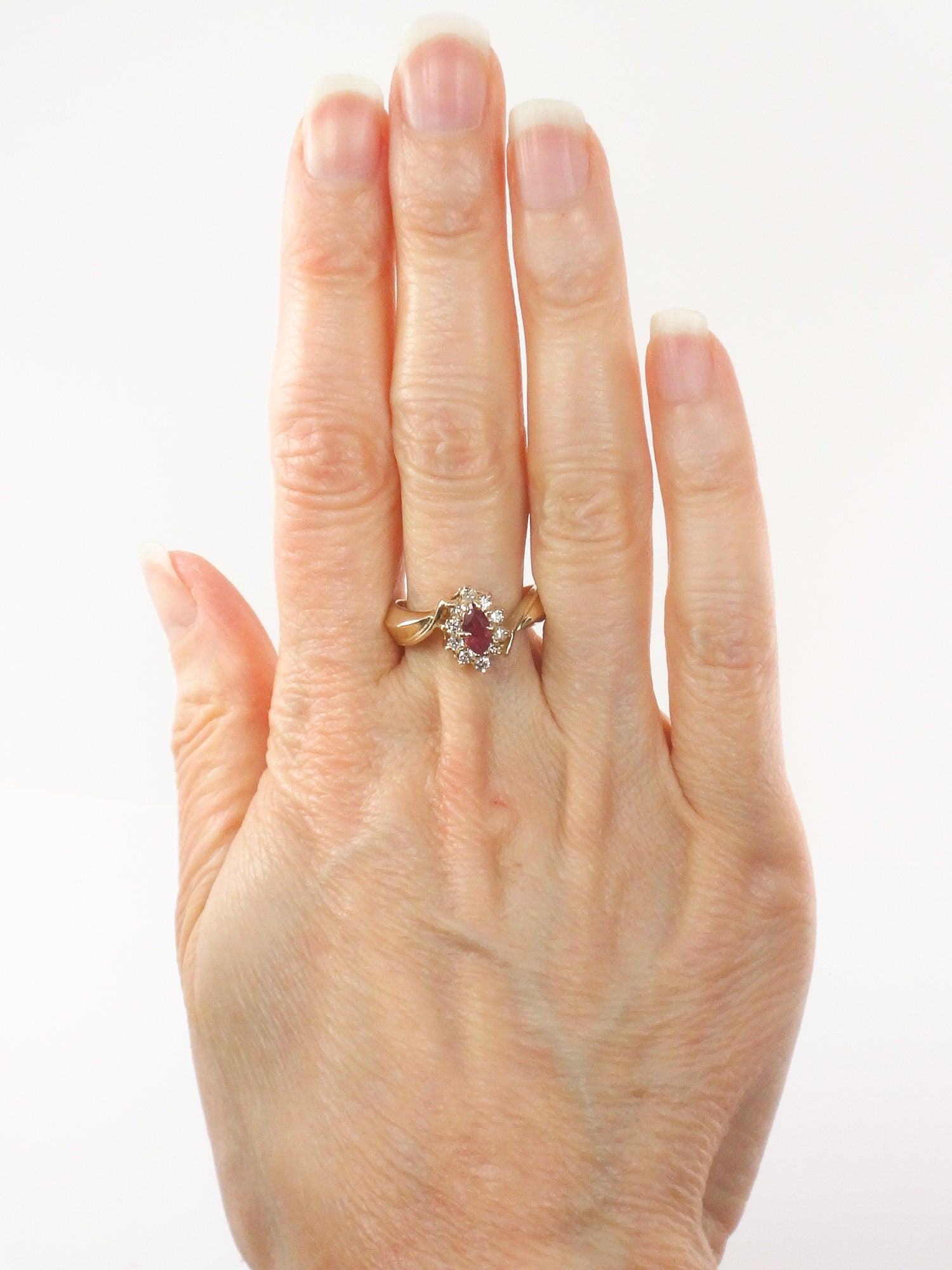 Vintage 14k Yellow Gold Ruby Diamond Halo Ring - Size 7.75