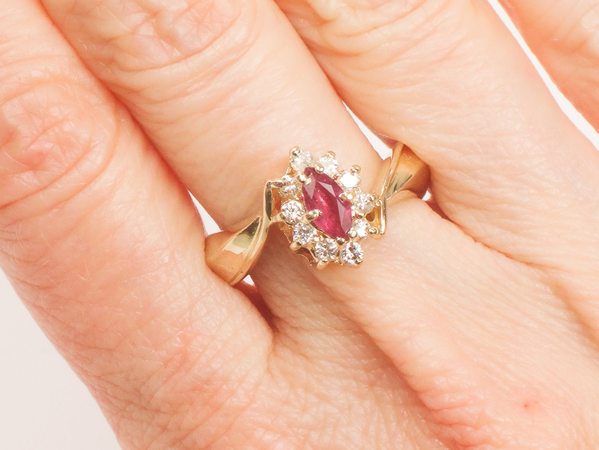 Vintage 14k Yellow Gold Ruby Diamond Halo Ring - Size 7.75