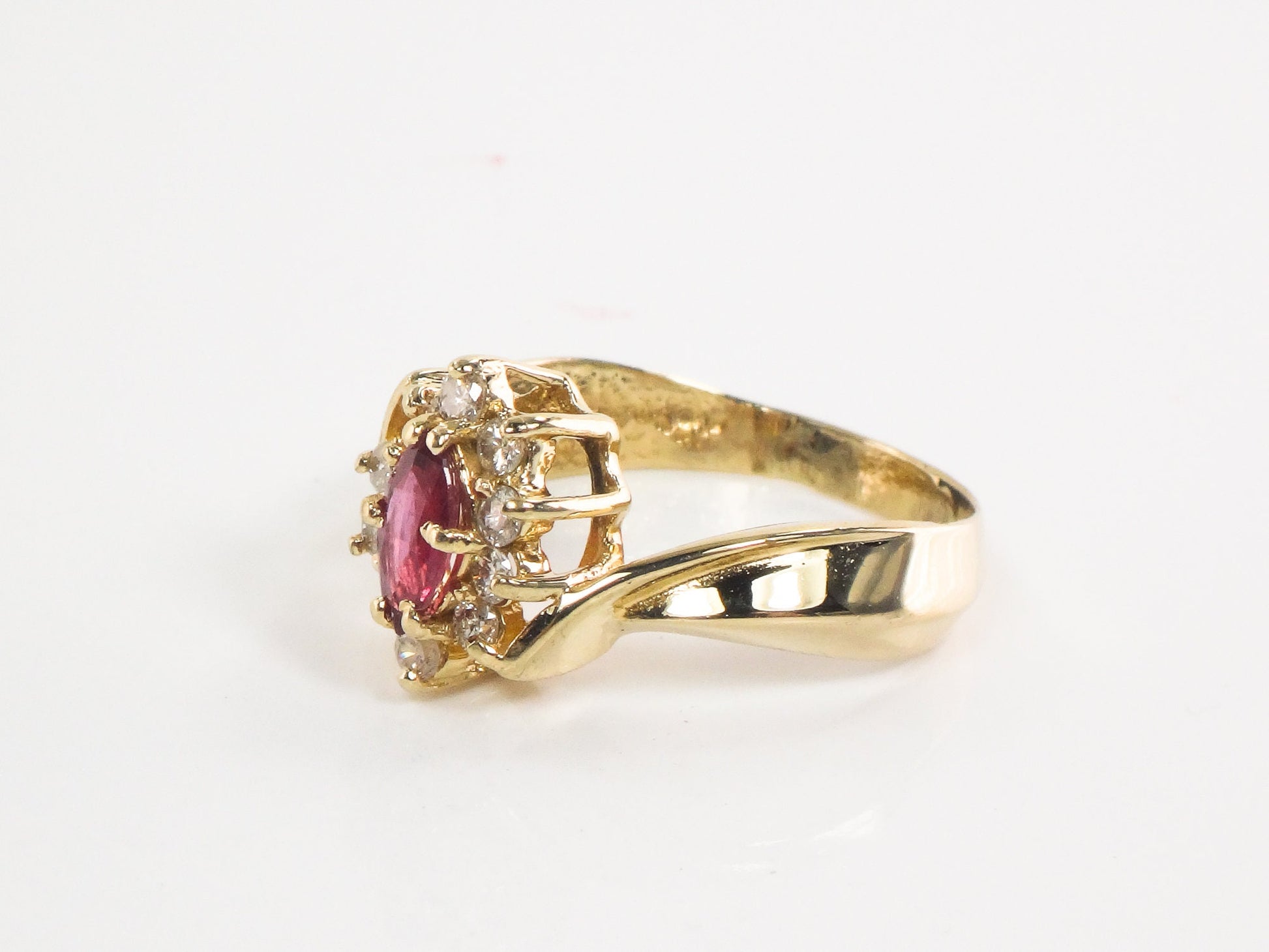 Vintage 14k Yellow Gold Ruby Diamond Halo Ring - Size 7.75