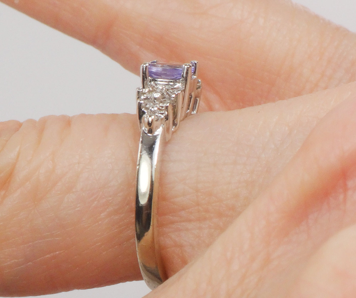 Vintage 10k White Gold Tanzanite and Natural Diamond Ring, Purple Stone Ring