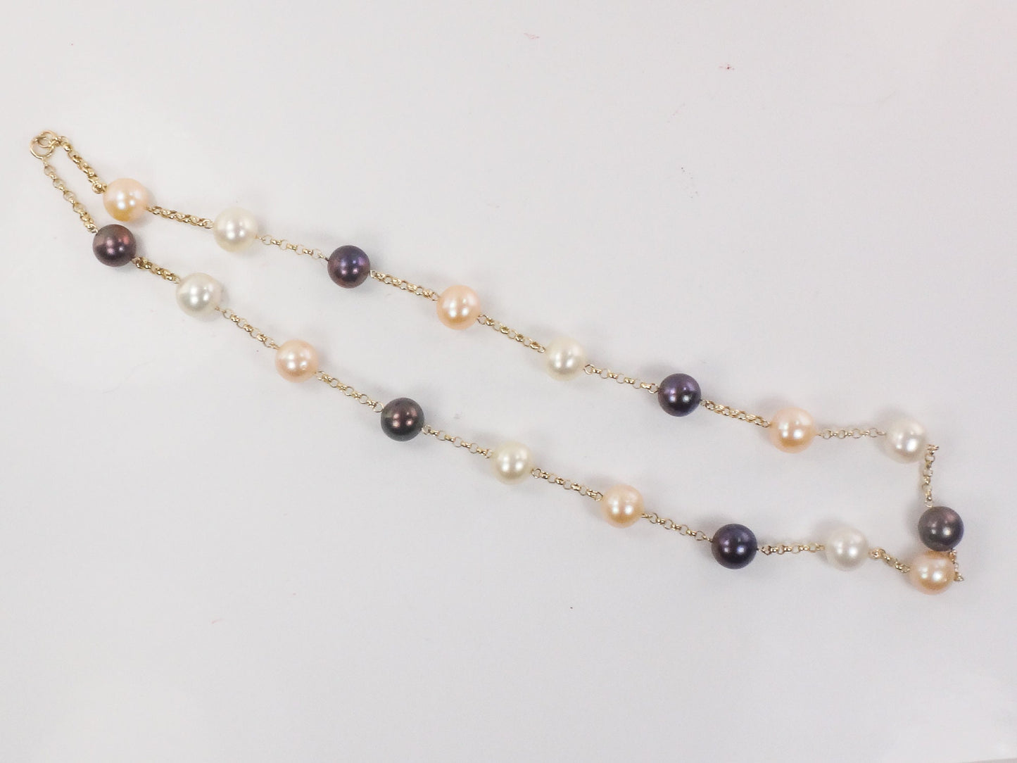 Vintage 14k Gold Pearl Station Necklace: Multi-Colored Bridal Jewelry, 18"