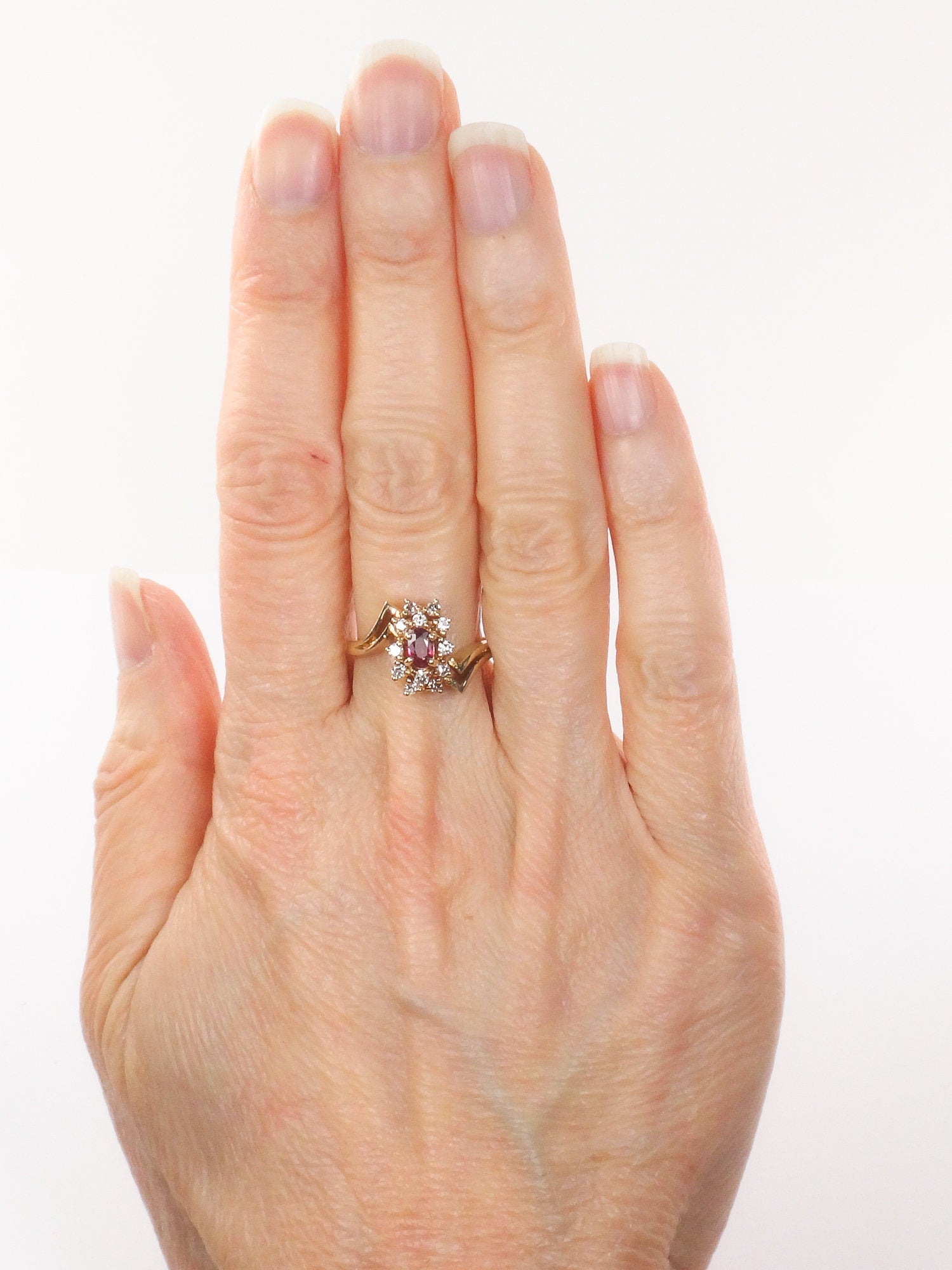 Vintage 14k Yellow Gold Ruby and Diamond Cluster Ring - July Birthstone, Size 6