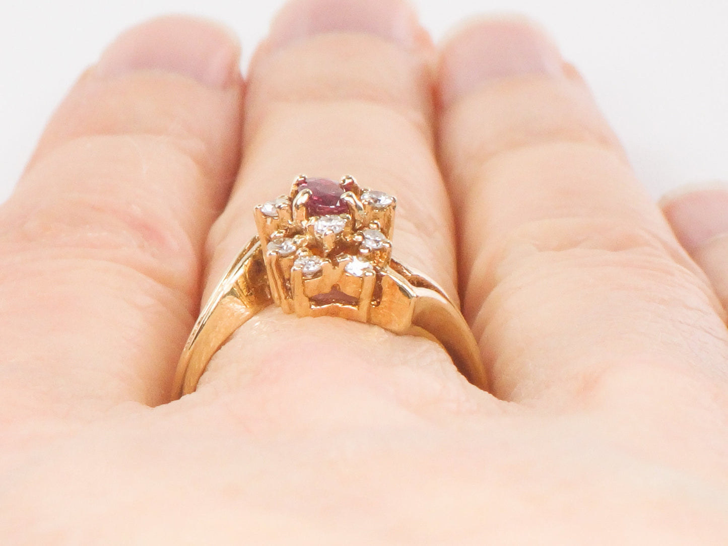 Vintage 14k Yellow Gold Ruby and Diamond Cluster Ring - July Birthstone, Size 6