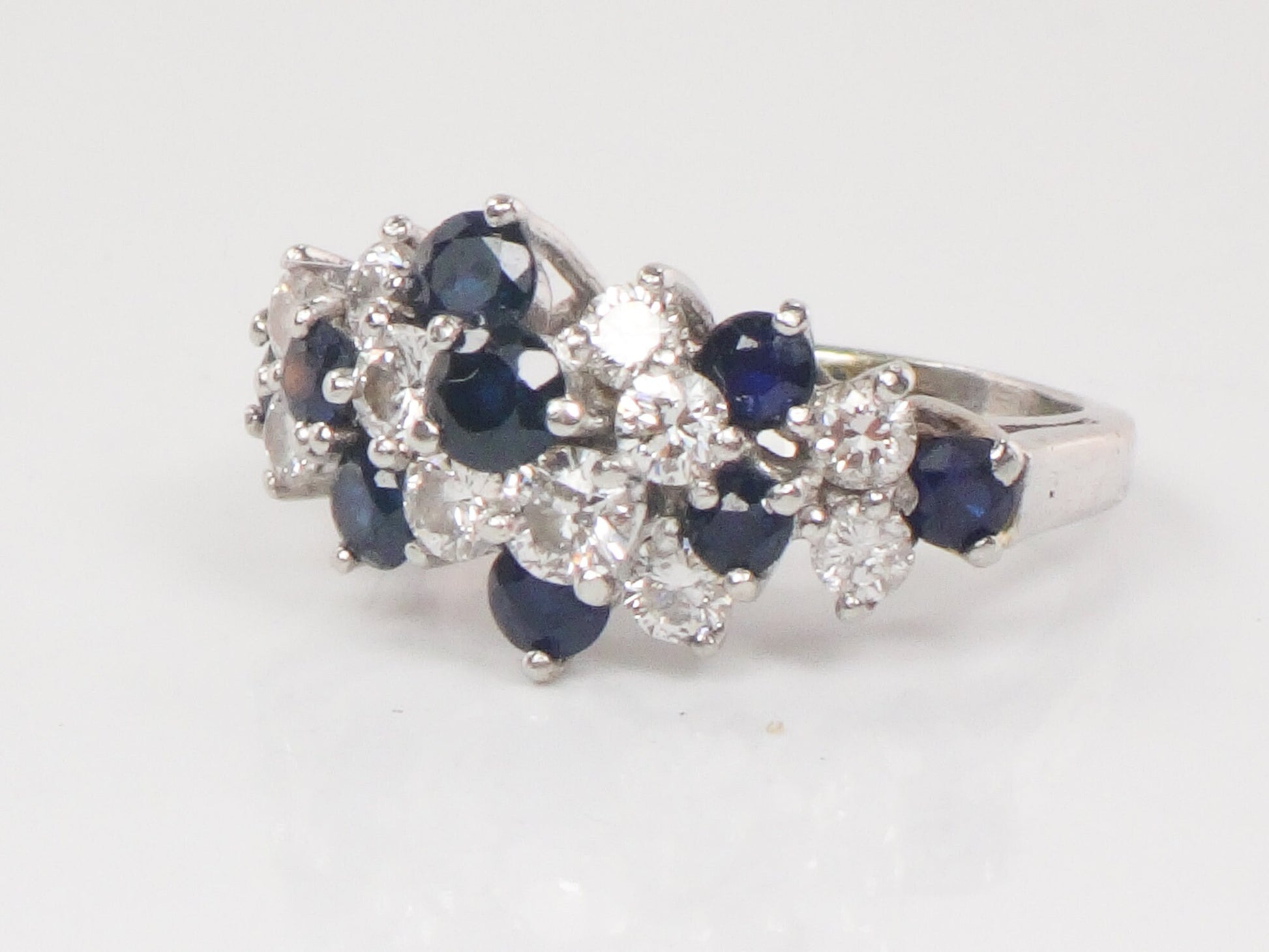 Vintage Platinum Natural Sapphire and Diamond Cluster Ring Pinky Ring - Size 3