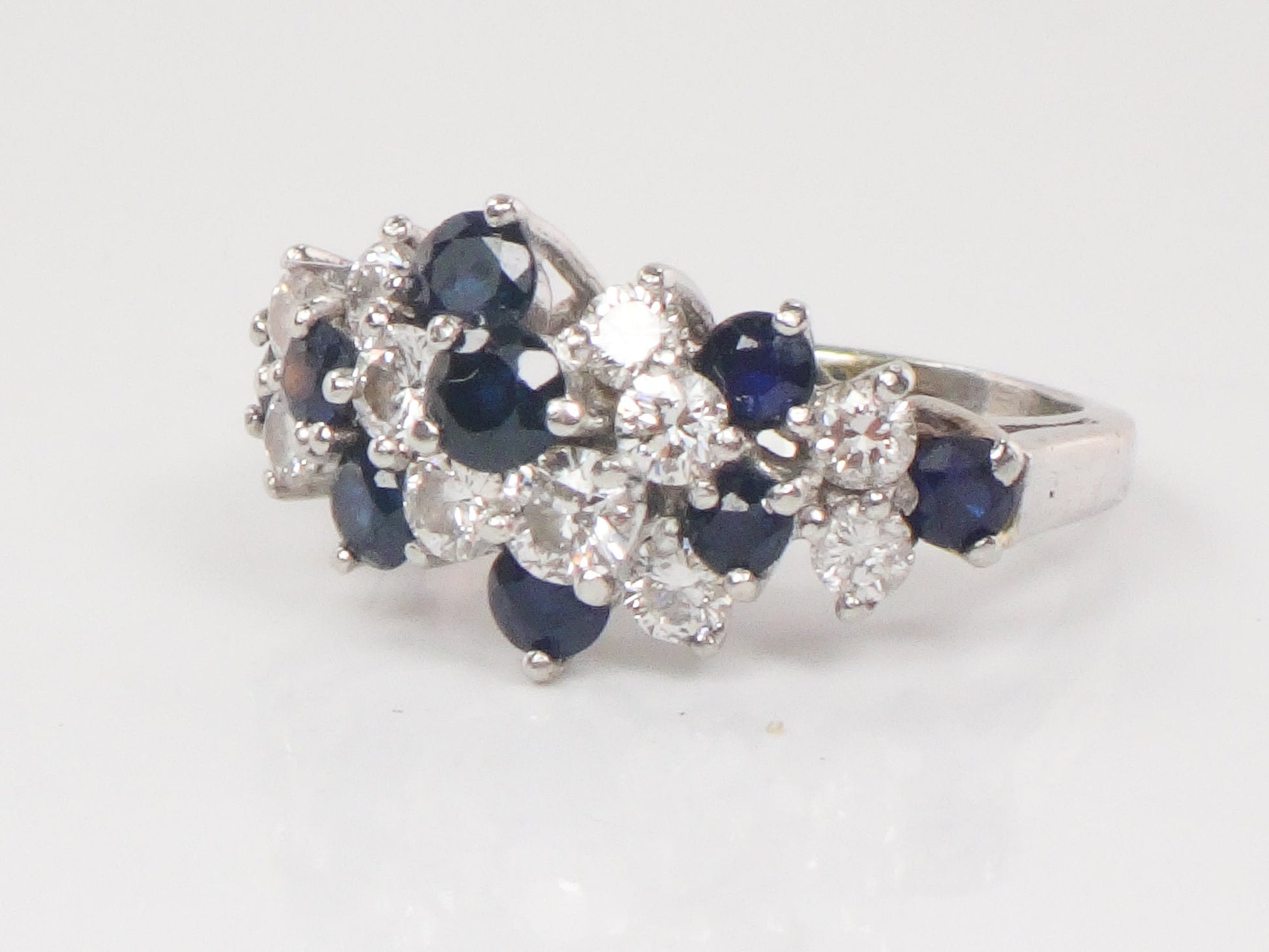 Vintage Platinum Natural Sapphire and Diamond Cluster Ring Pinky Ring - Size 3