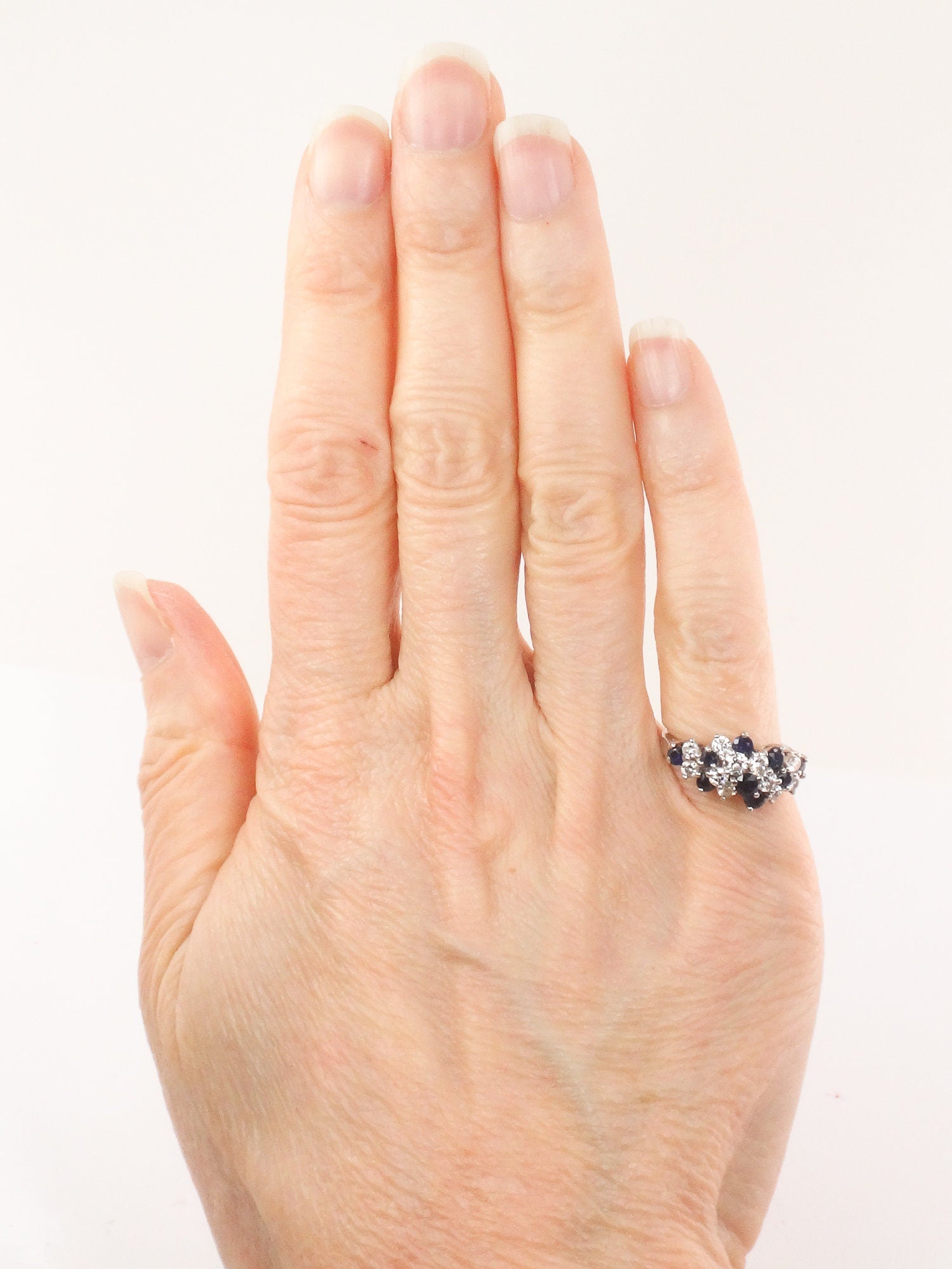Vintage Platinum Natural Sapphire and Diamond Cluster Ring Pinky Ring - Size 3