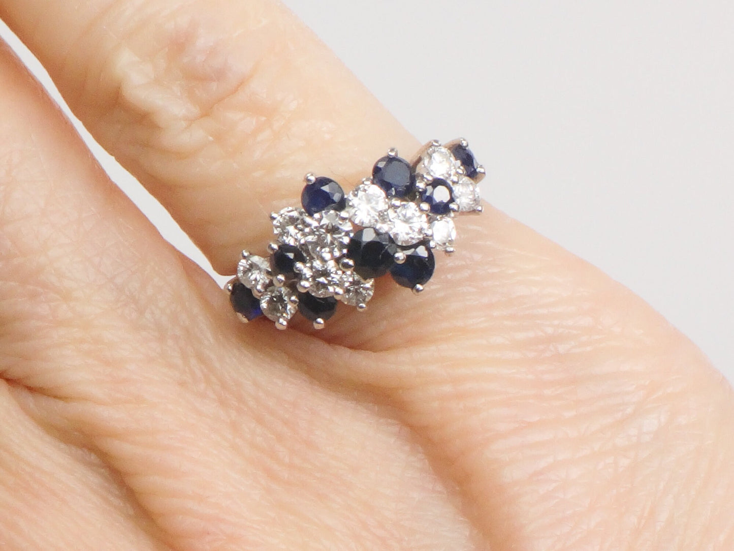 Vintage Platinum Natural Sapphire and Diamond Cluster Ring Pinky Ring - Size 3
