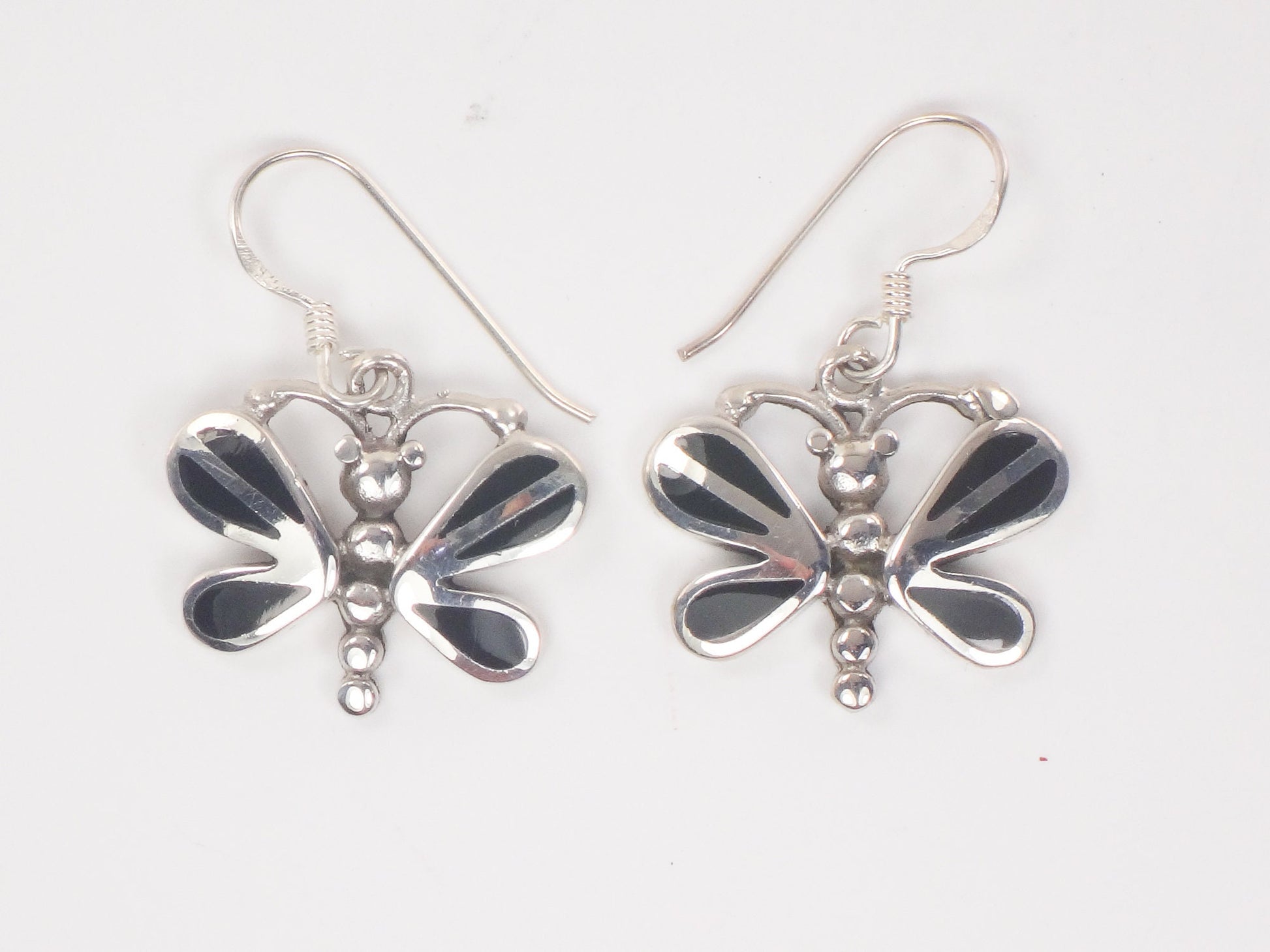 Vintage Sterling Silver Black Onyx Butterfly Earrings with Ear Wires