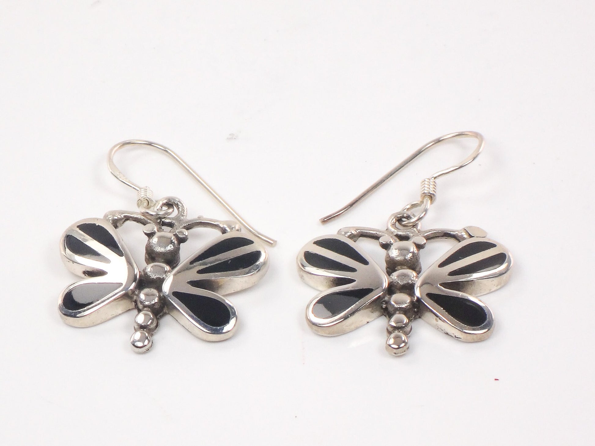 Vintage Sterling Silver Black Onyx Butterfly Earrings with Ear Wires