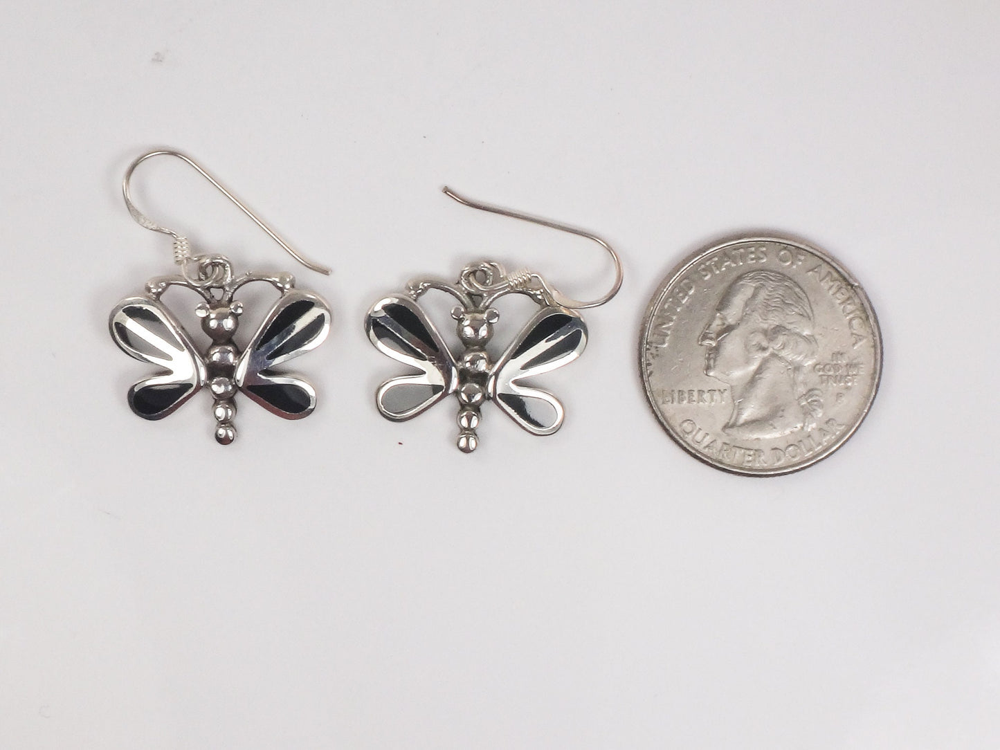 Vintage Sterling Silver Black Onyx Butterfly Earrings with Ear Wires