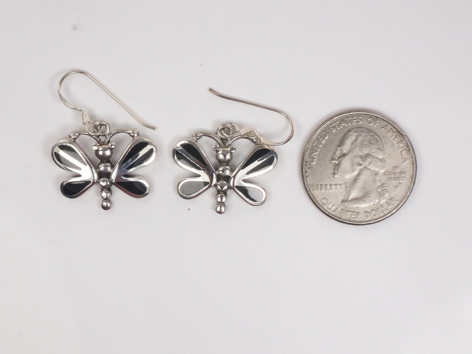 Vintage Sterling Silver Black Onyx Butterfly Earrings with Ear Wires