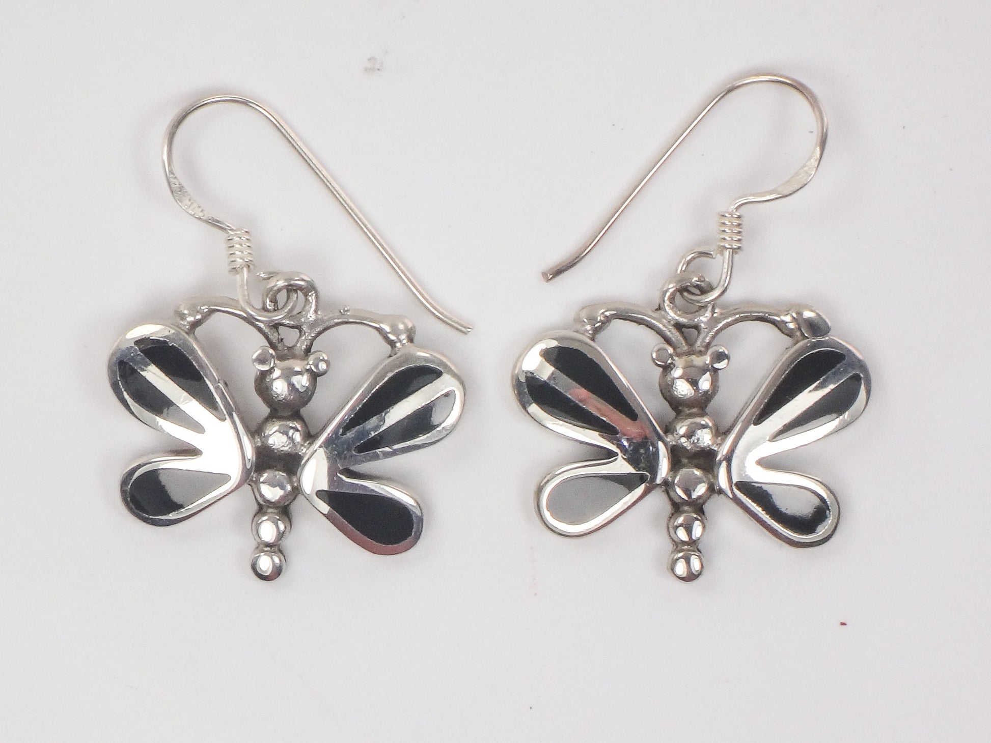 Vintage Sterling Silver Black Onyx Butterfly Earrings with Ear Wires