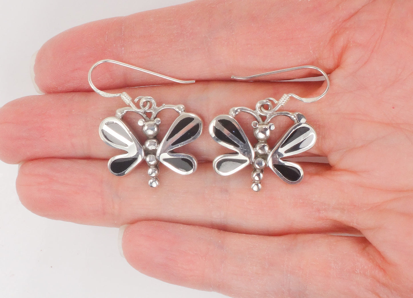 Vintage Sterling Silver Black Onyx Butterfly Earrings with Ear Wires