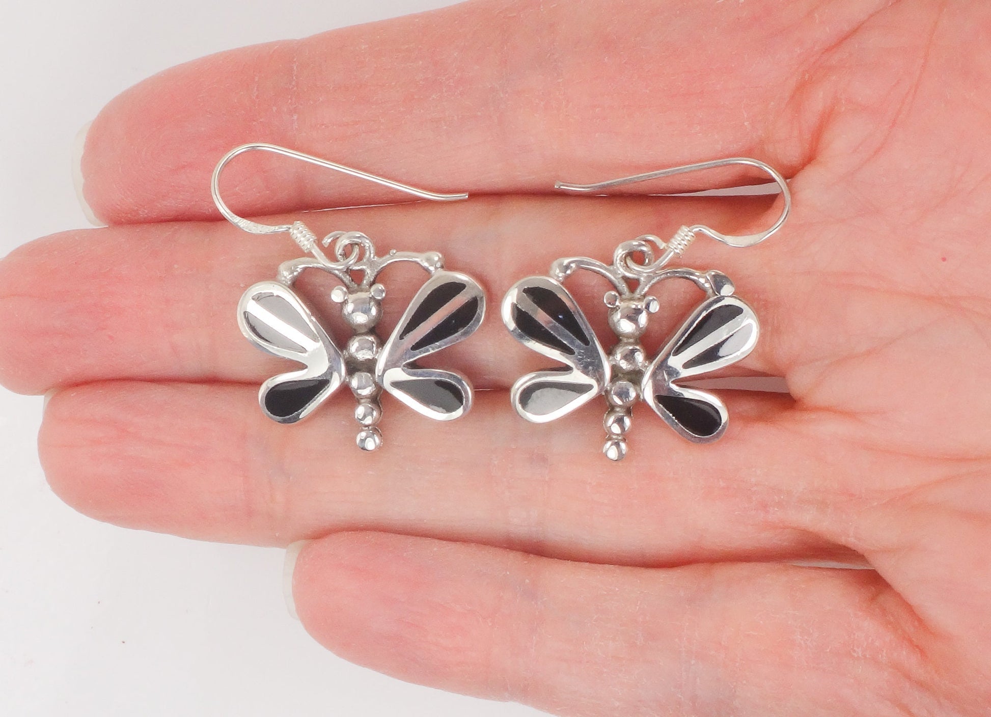 Vintage Sterling Silver Black Onyx Butterfly Earrings with Ear Wires