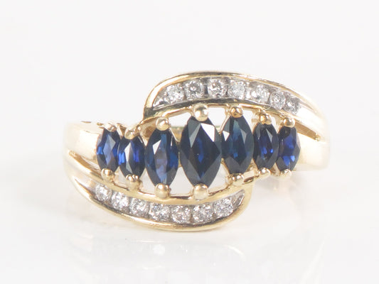 Vintage 14k Yellow Gold Natural Blue Sapphire & Diamond Ring Marquise Cut September Birthstone Ring Size 6.75