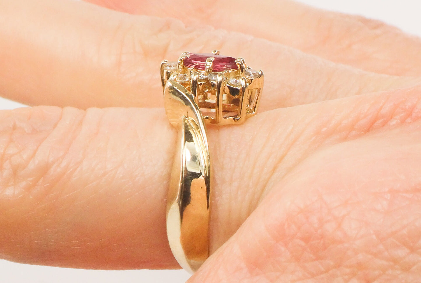 Vintage 14k Yellow Gold Ruby Diamond Halo Ring - Size 7.75