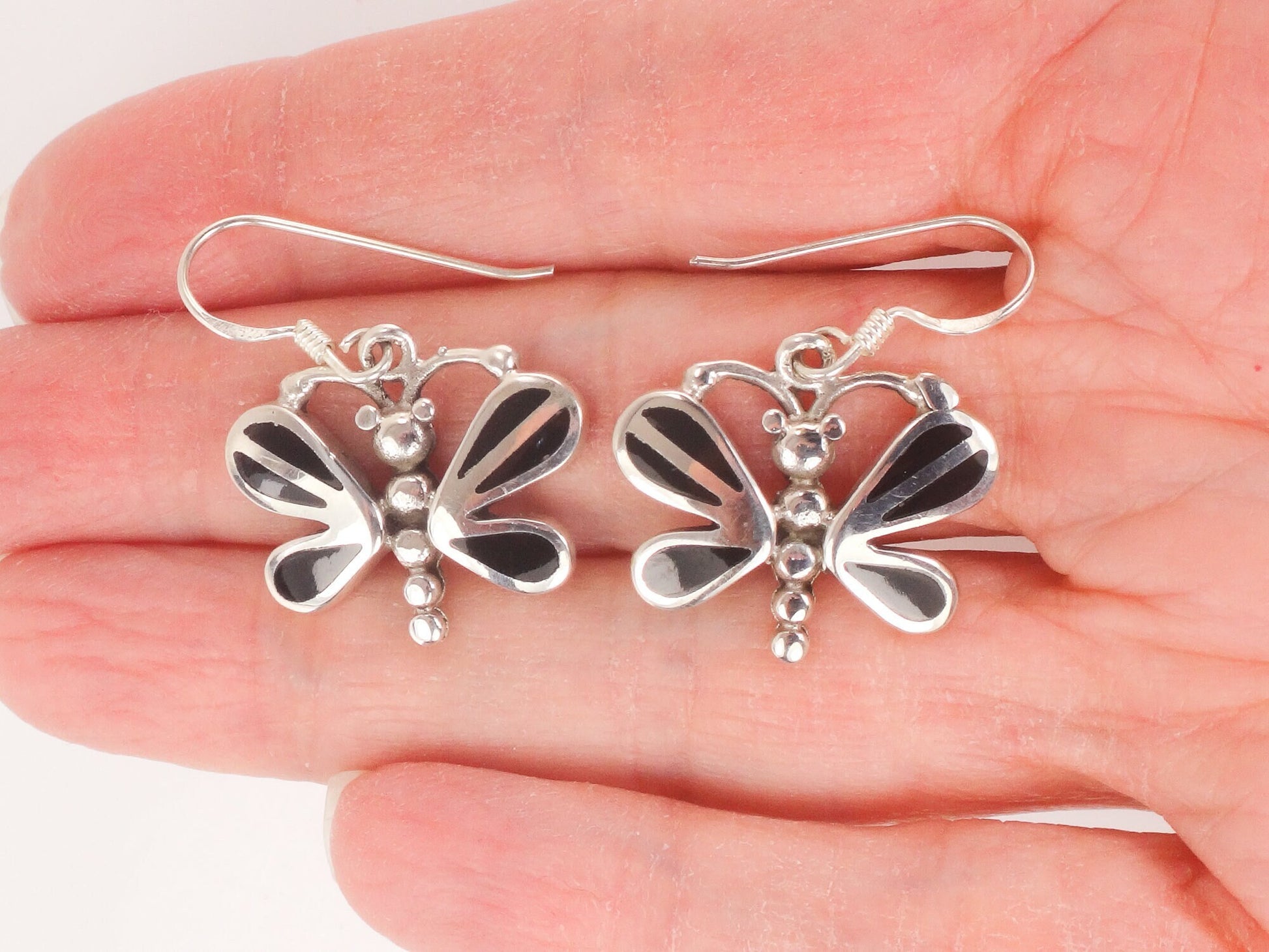 Vintage Sterling Silver Black Onyx Butterfly Earrings with Ear Wires