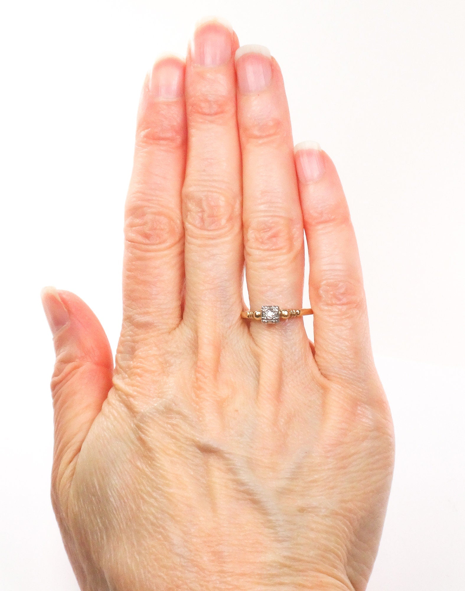 Vintage 14k Two Tone Gold Old Mine Cut Diamond Engagement Ring - 1940s Size 6.75