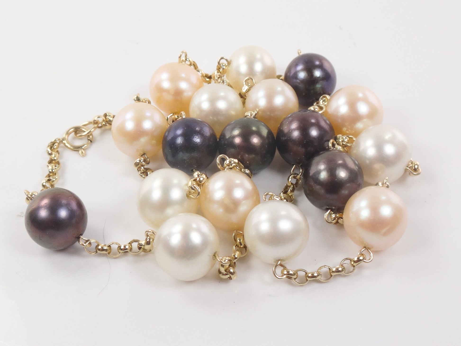 Vintage 14k Gold Pearl Station Necklace: Multi-Colored Bridal Jewelry, 18"