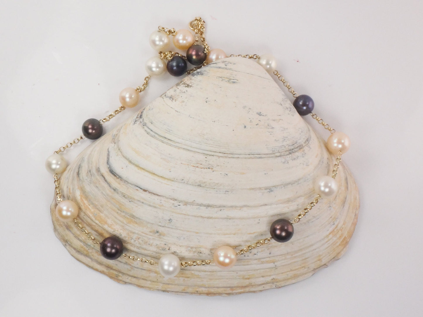 Vintage 14k Gold Pearl Station Necklace: Multi-Colored Bridal Jewelry, 18"