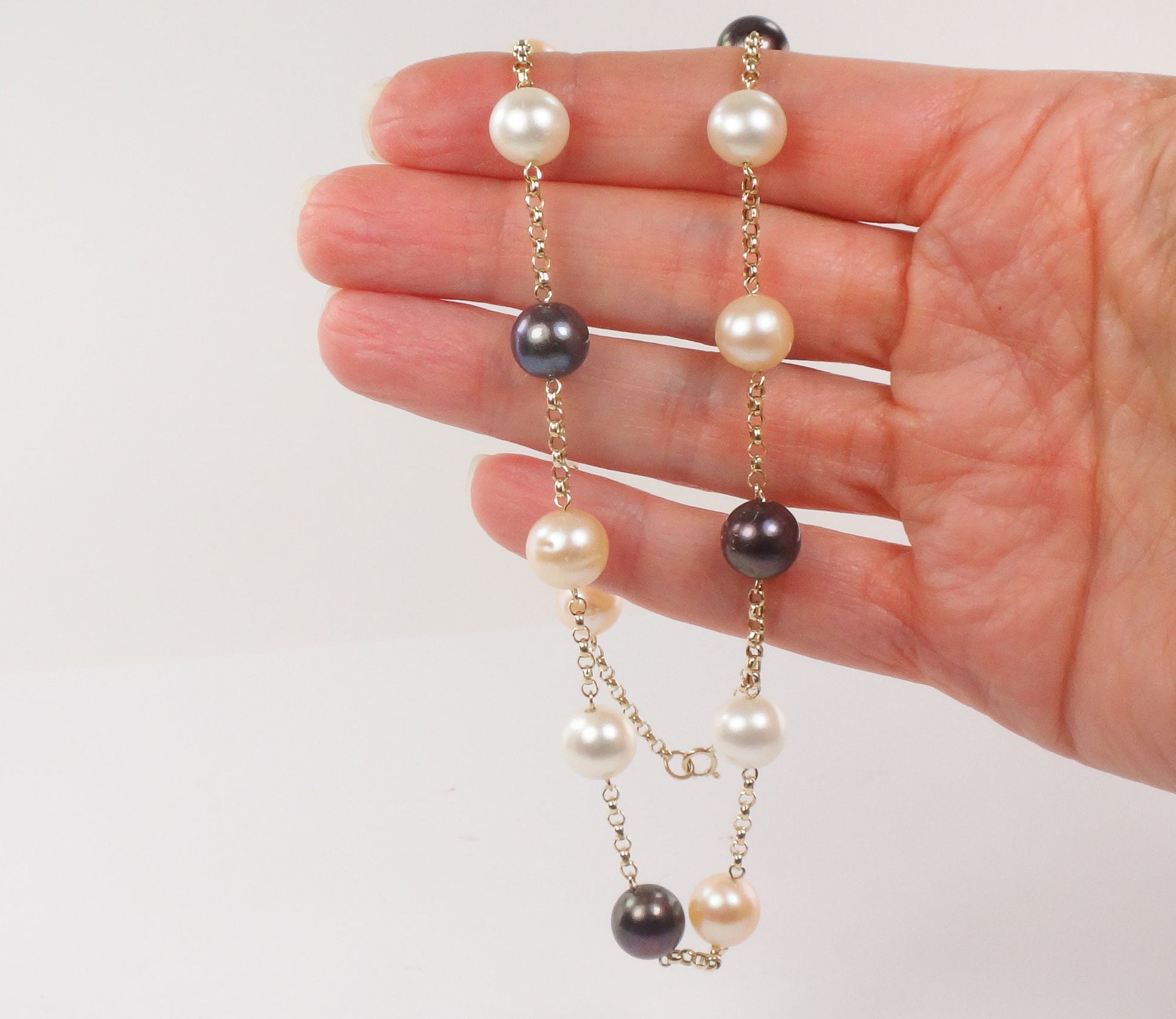 Vintage 14k Gold Pearl Station Necklace: Multi-Colored Bridal Jewelry, 18"