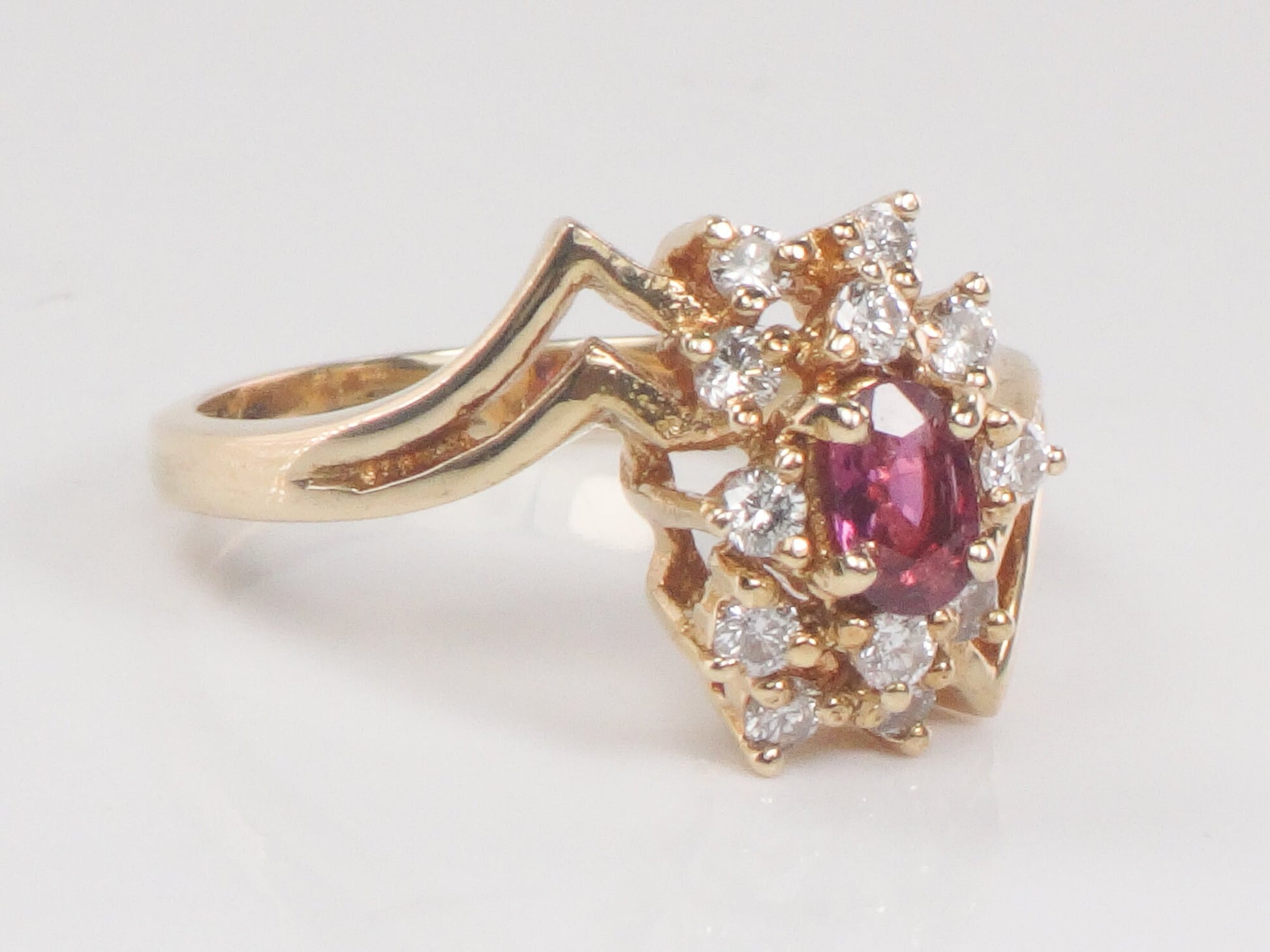 Vintage 14k Yellow Gold Ruby and Diamond Cluster Ring - July Birthstone, Size 6