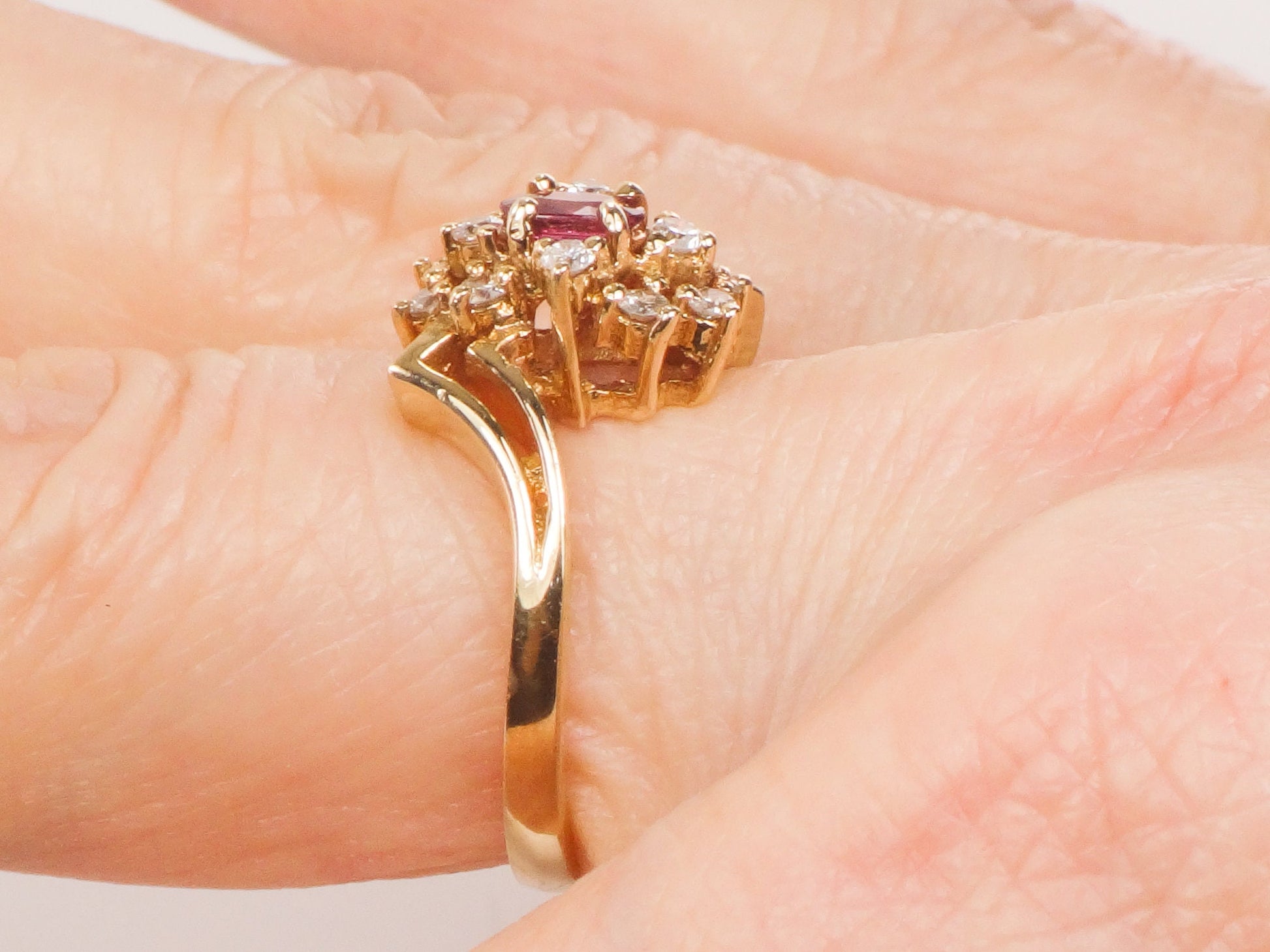 Vintage 14k Yellow Gold Ruby and Diamond Cluster Ring - July Birthstone, Size 6