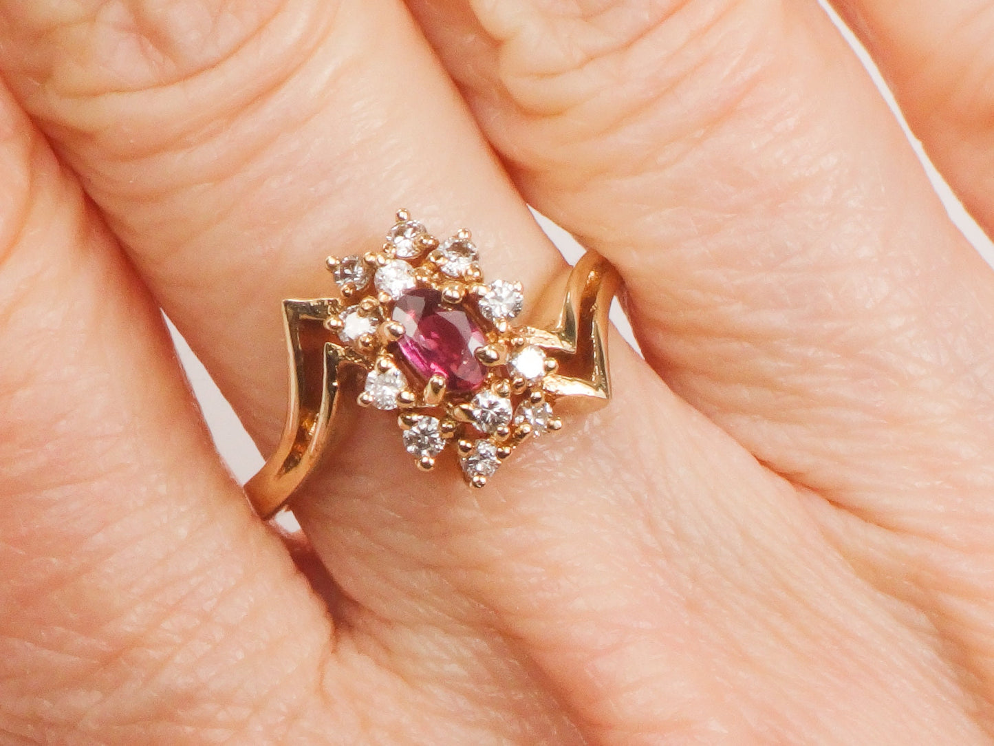 Vintage 14k Yellow Gold Ruby and Diamond Cluster Ring - July Birthstone, Size 6