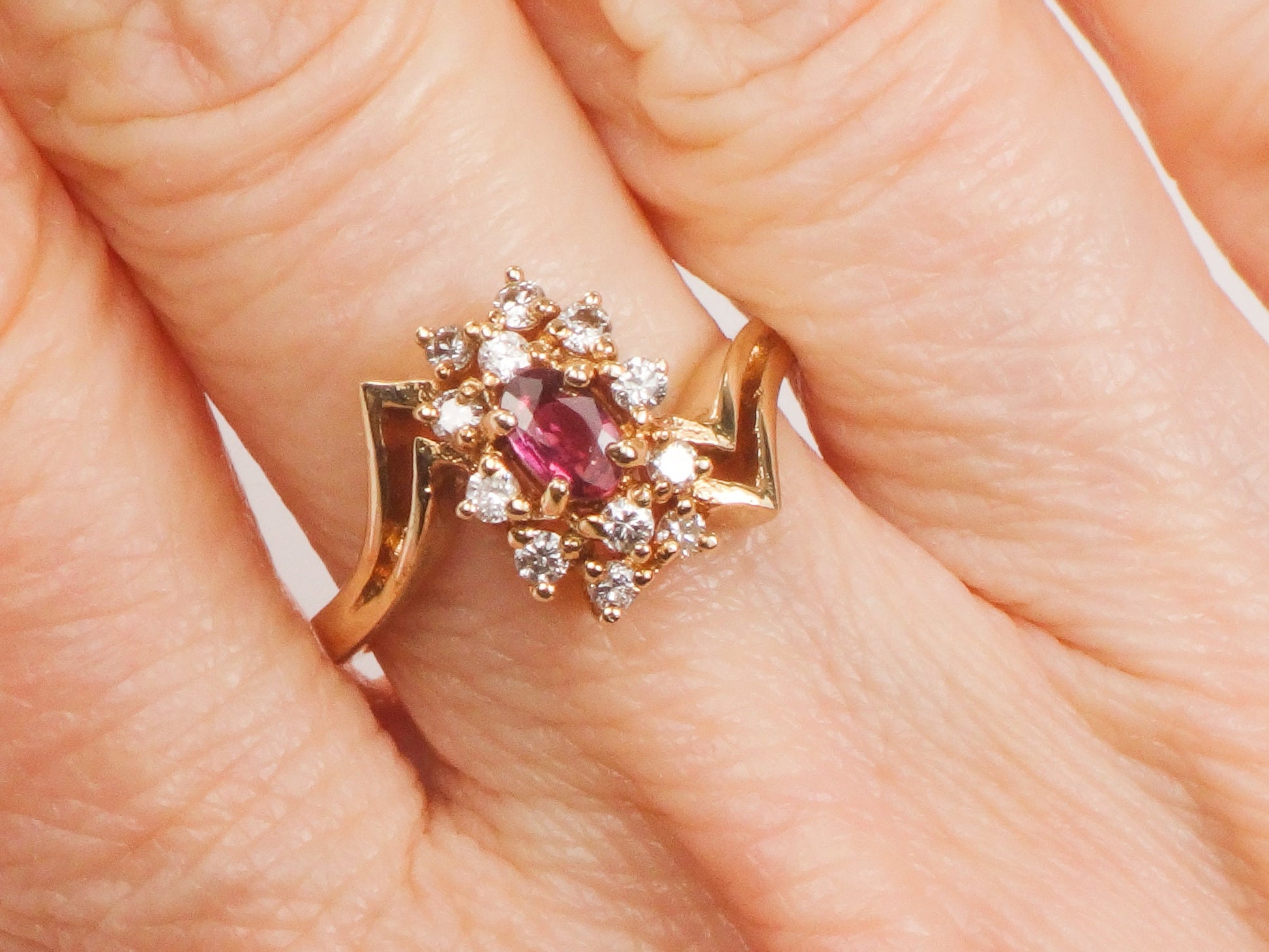 Vintage 14k Yellow Gold Ruby and Diamond Cluster Ring - July Birthstone, Size 6