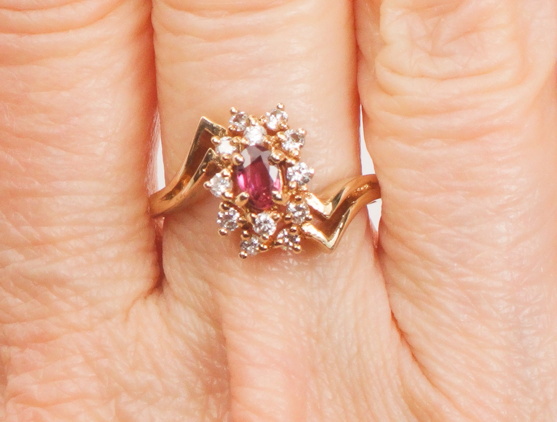 Vintage 14k Yellow Gold Ruby and Diamond Cluster Ring - July Birthstone, Size 6