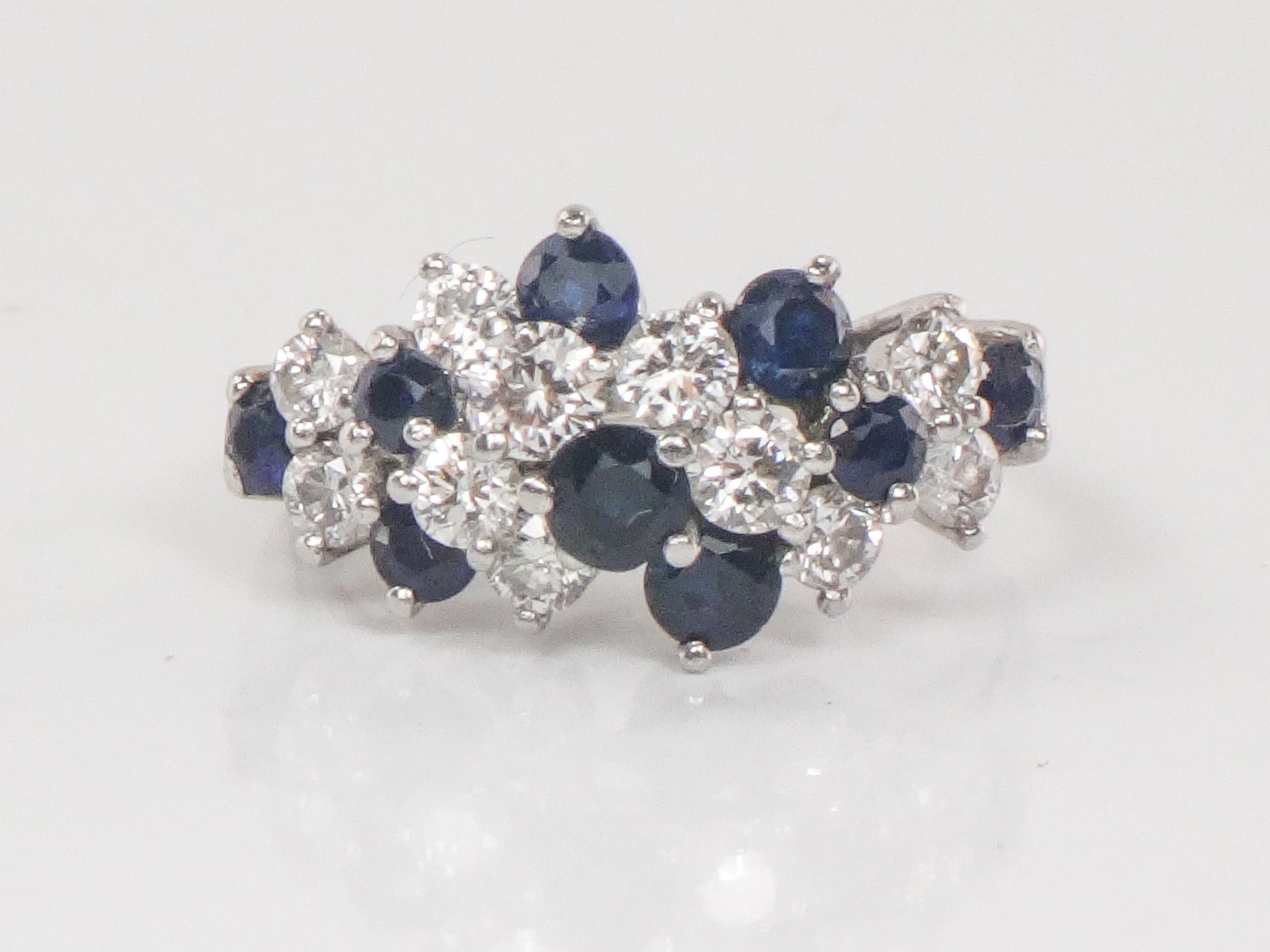 Vintage Platinum Natural Sapphire and Diamond Cluster Ring Pinky Ring - Size 3