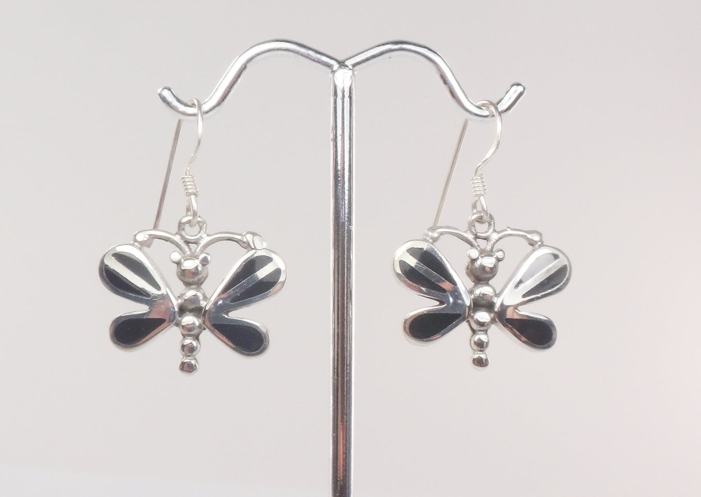 Vintage Sterling Silver Black Onyx Butterfly Earrings with Ear Wires