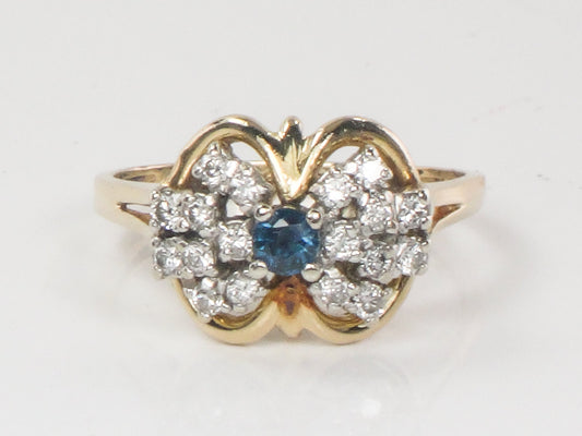 Vintage 14k Yellow Gold Natural Blue Sapphire and Diamond Cluster Ring Everyday Ring Size 6.5