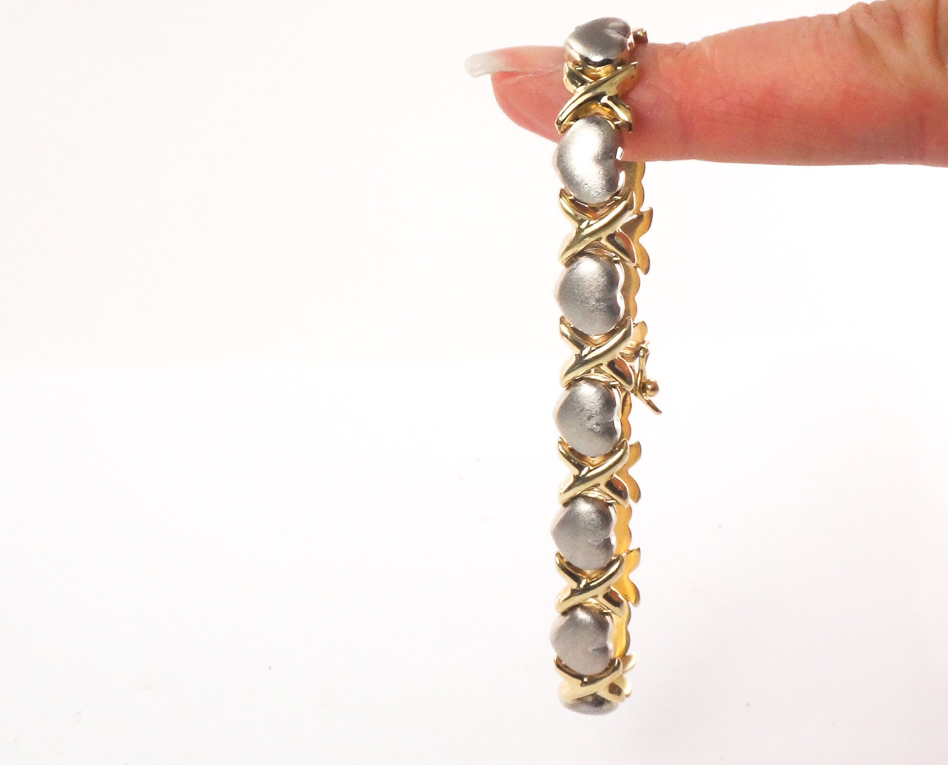 14k Two-Tone Gold X and Hearts Bracelet - Hugs and Kisses Italian Gold Bracelet - 7.25" - Circa 1990's