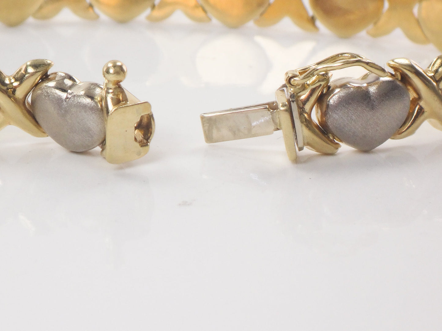 14k Two-Tone Gold X and Hearts Bracelet - Hugs and Kisses Italian Gold Bracelet - 7.25" - Circa 1990's