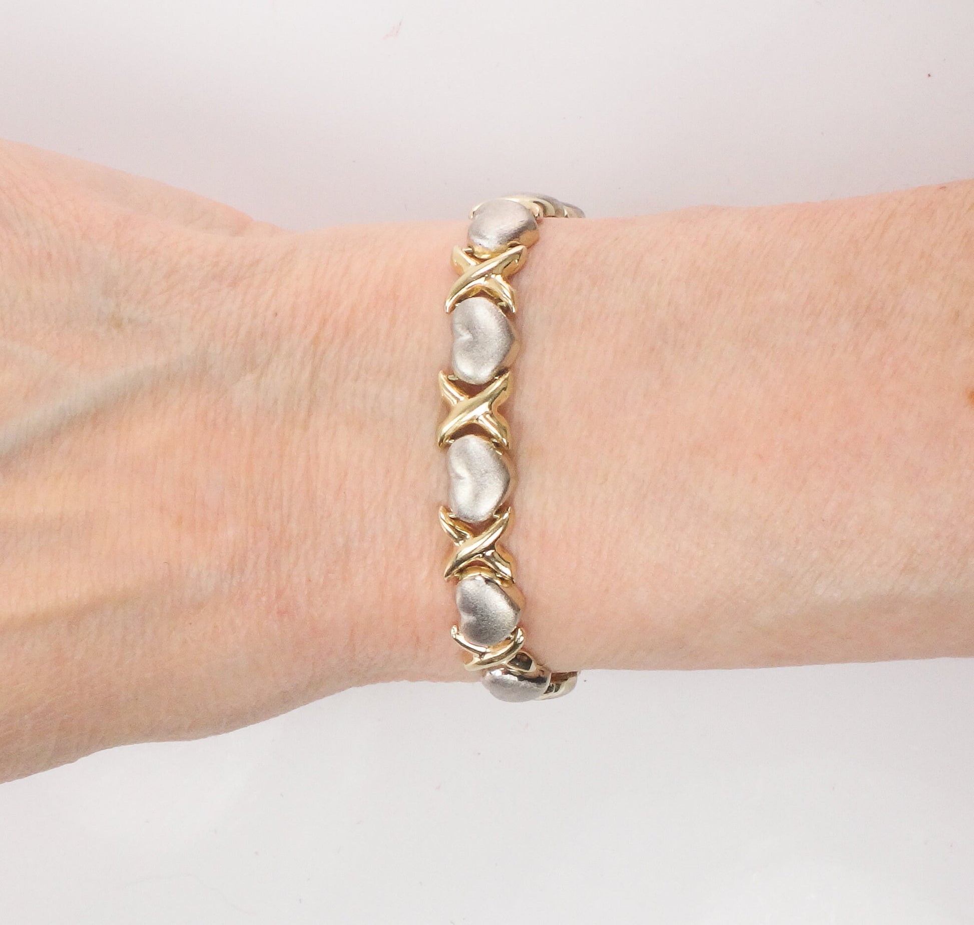 14k Two-Tone Gold X and Hearts Bracelet - Hugs and Kisses Italian Gold Bracelet - 7.25" - Circa 1990's