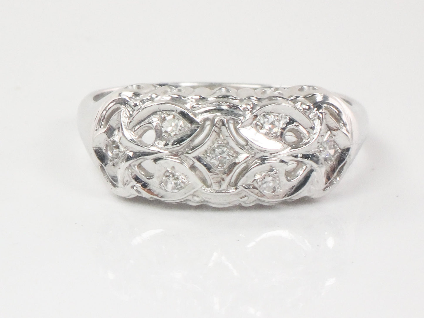 Vintage 14k White Gold Natural Diamond Ring Wide Pierced Wedding Band Size 11