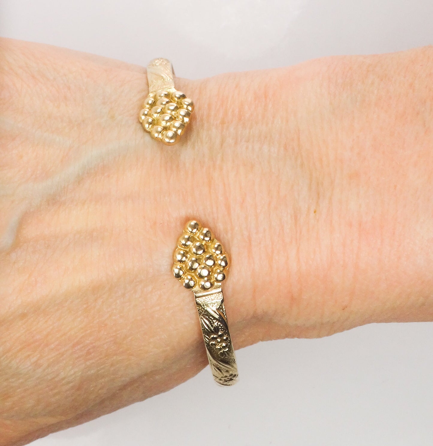 Gold Cuff Bracelet - Vintage 10k Solid Flowers and Grape Design Fine Jewelry