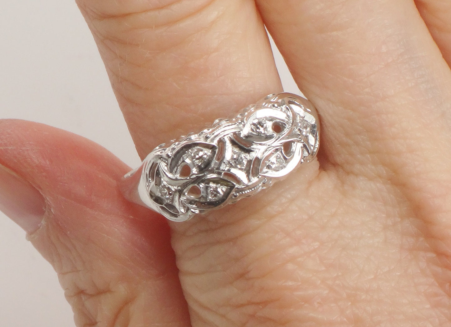 Vintage 14k White Gold Natural Diamond Ring Wide Pierced Wedding Band Size 11