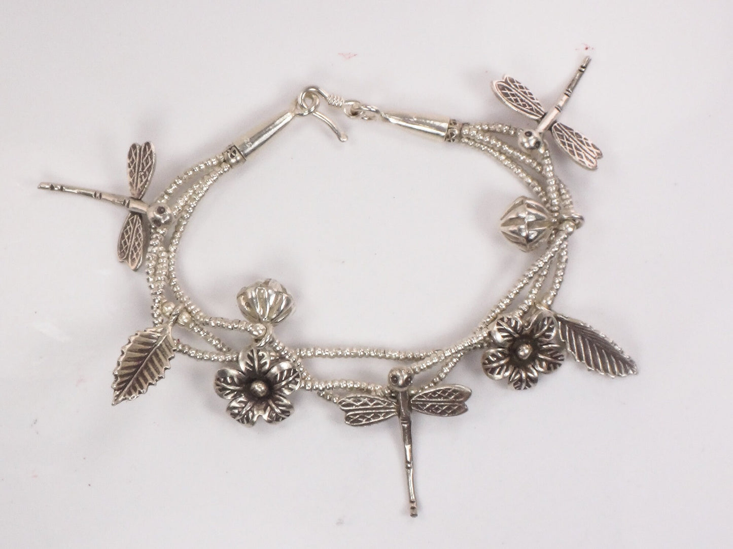 Sterling Silver Dragonfly and Flower Charm Bracelet Summer Garden Bracelet - Flexible 7.25"