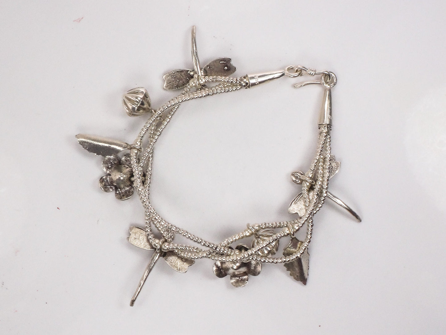 Sterling Silver Dragonfly and Flower Charm Bracelet Summer Garden Bracelet - Flexible 7.25"