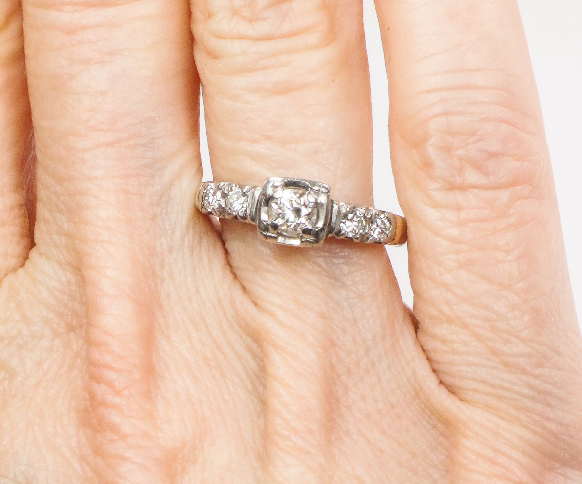 Vintage 14k White Gold Old European Cut Diamond Engagement Ring (.50 Carat TDW)