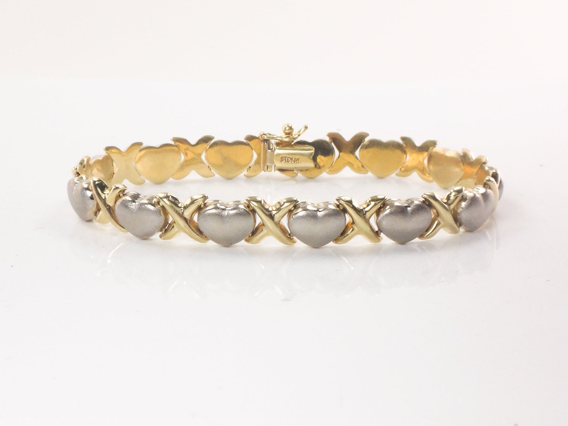 14k Two-Tone Gold X and Hearts Bracelet - Hugs and Kisses Italian Gold Bracelet - 7.25" - Circa 1990's