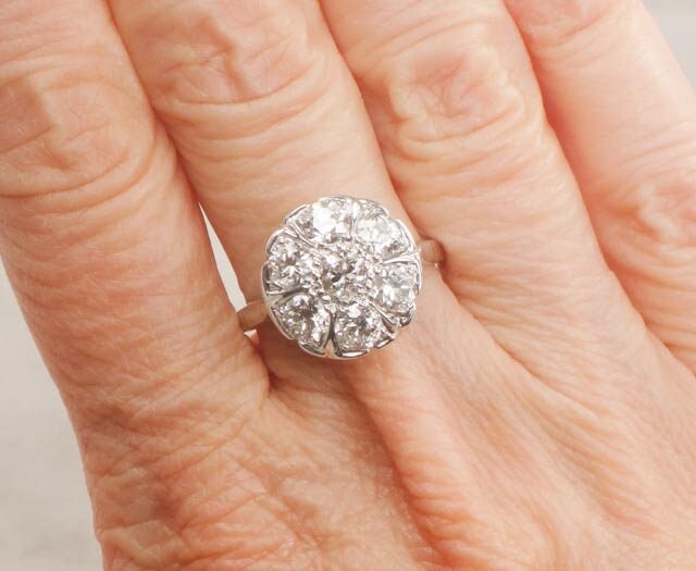 Art Deco Diamond Cluster Ring: 14k White Gold, Old European Cut, 1.75 Carat