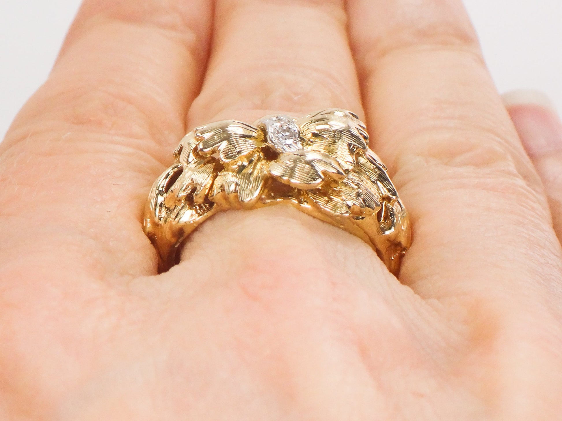 Vintage 14k Solid Gold Natural Diamond Floral Bow Ring Everyday Ring Size 6